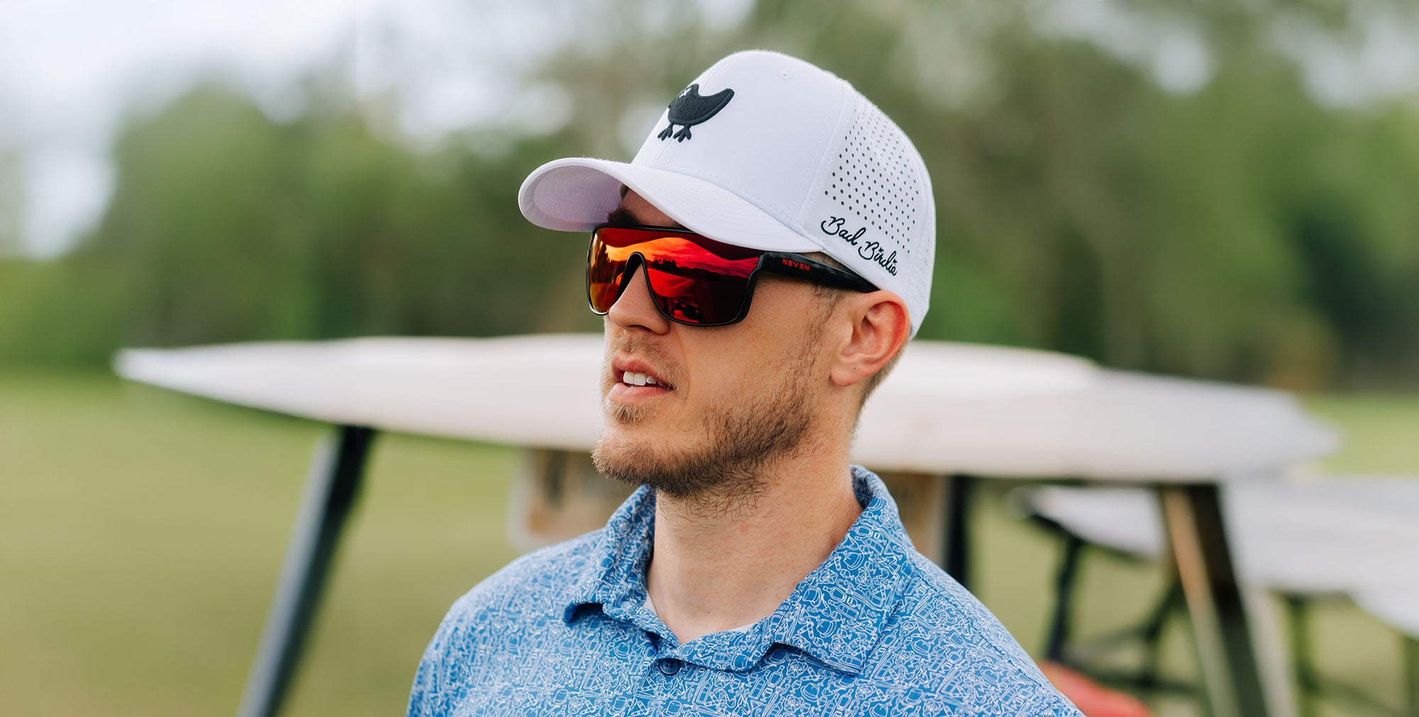 Well Done red shield polarized sunglasses from Neven Eyewear.