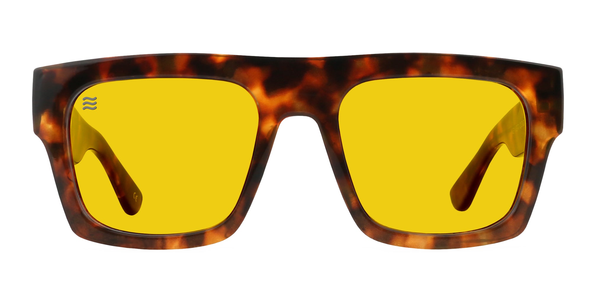 Tortoise shell rectangular sunglasses with yellow lenses .