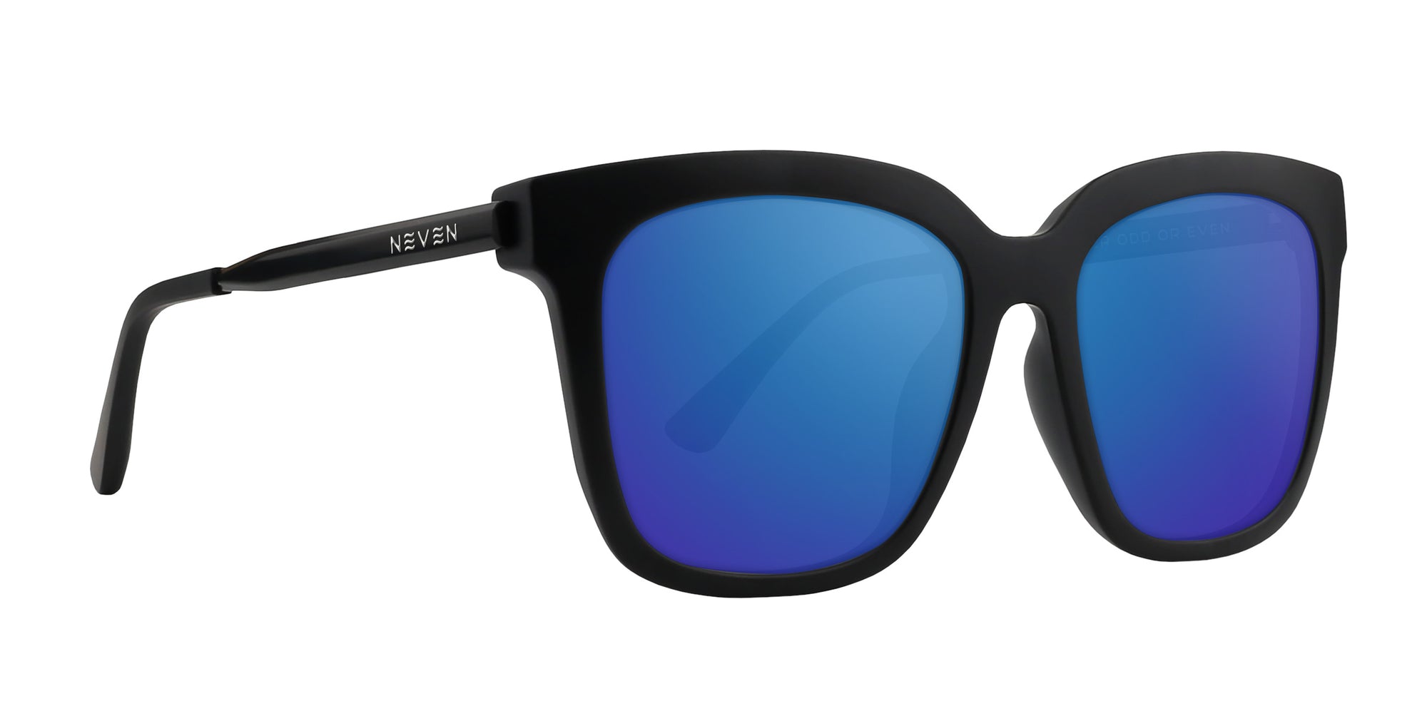 Lido matte black square prescription glasses with blue lenses.