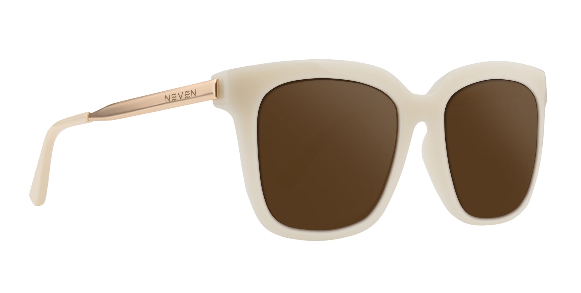 Sand Dollar square prescription glasses in cream color with brown lenses.