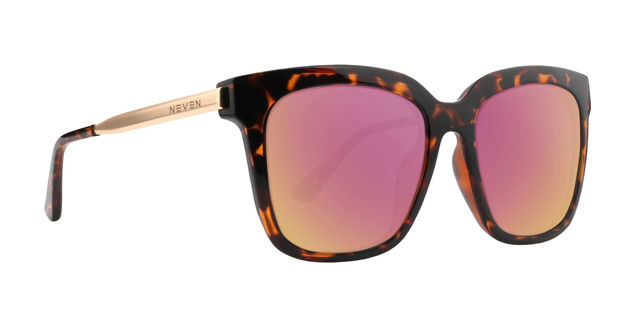 Sarasota tortoiseshell square polarized sunglasses with pink lenses.