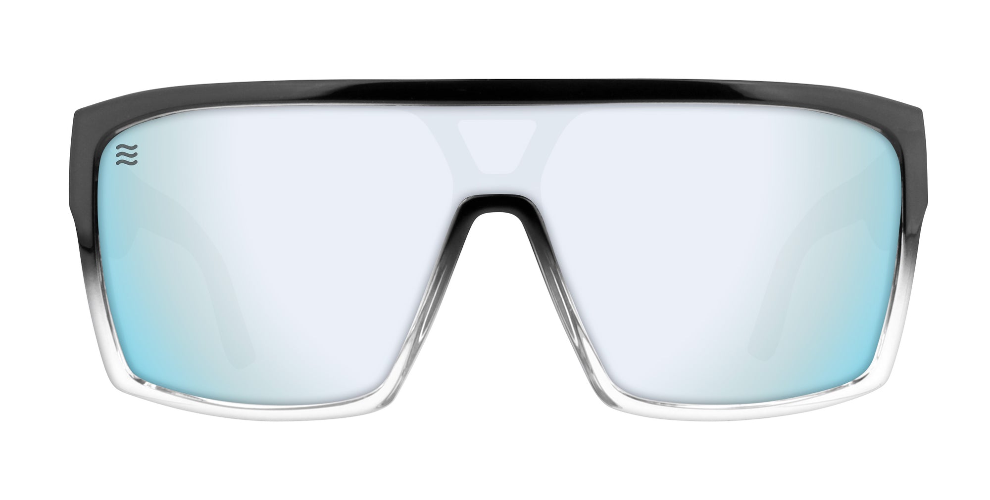 Black and silver oversized sunglasses with blue lenses.