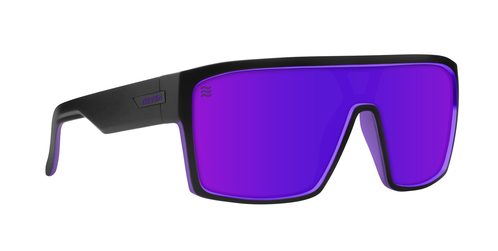 Black sunglasses with purple lenses, featuring a modern design.