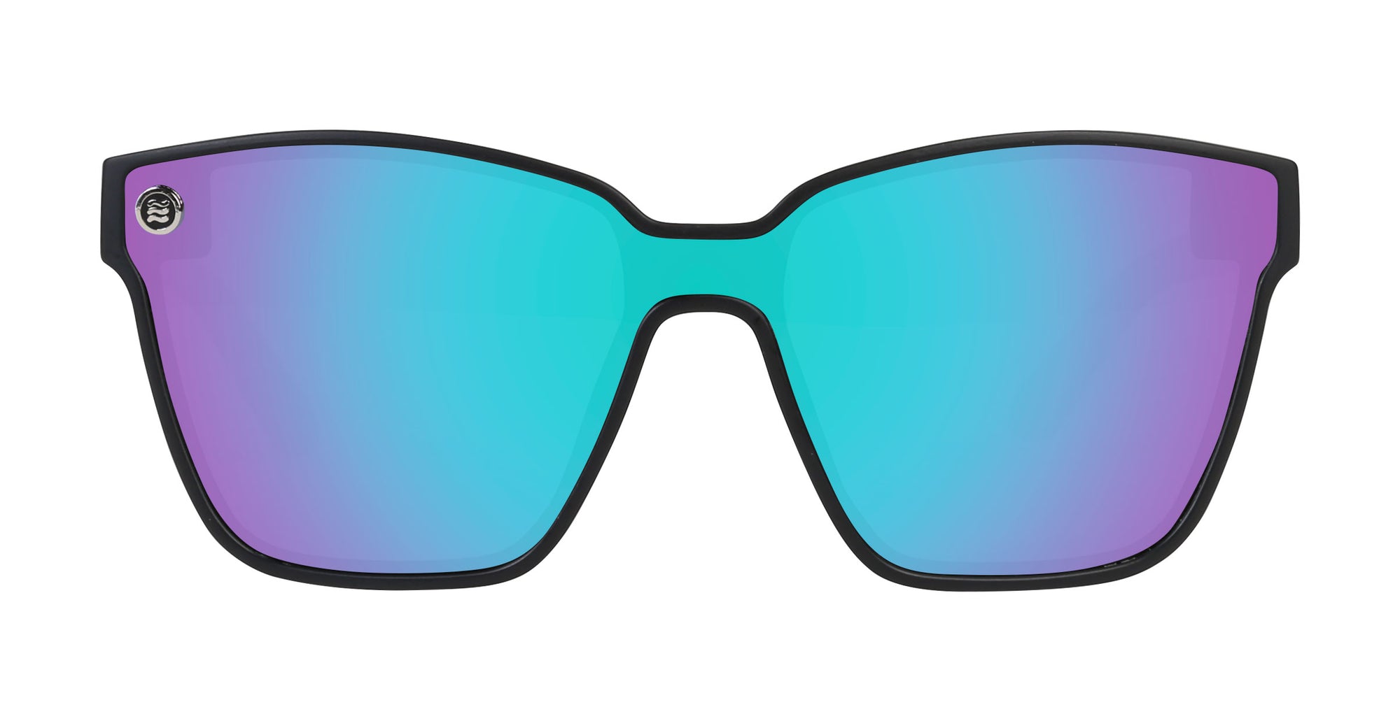 Curiosity Black Cat Eye Polarized Sunglasses with blue and purple lenses.