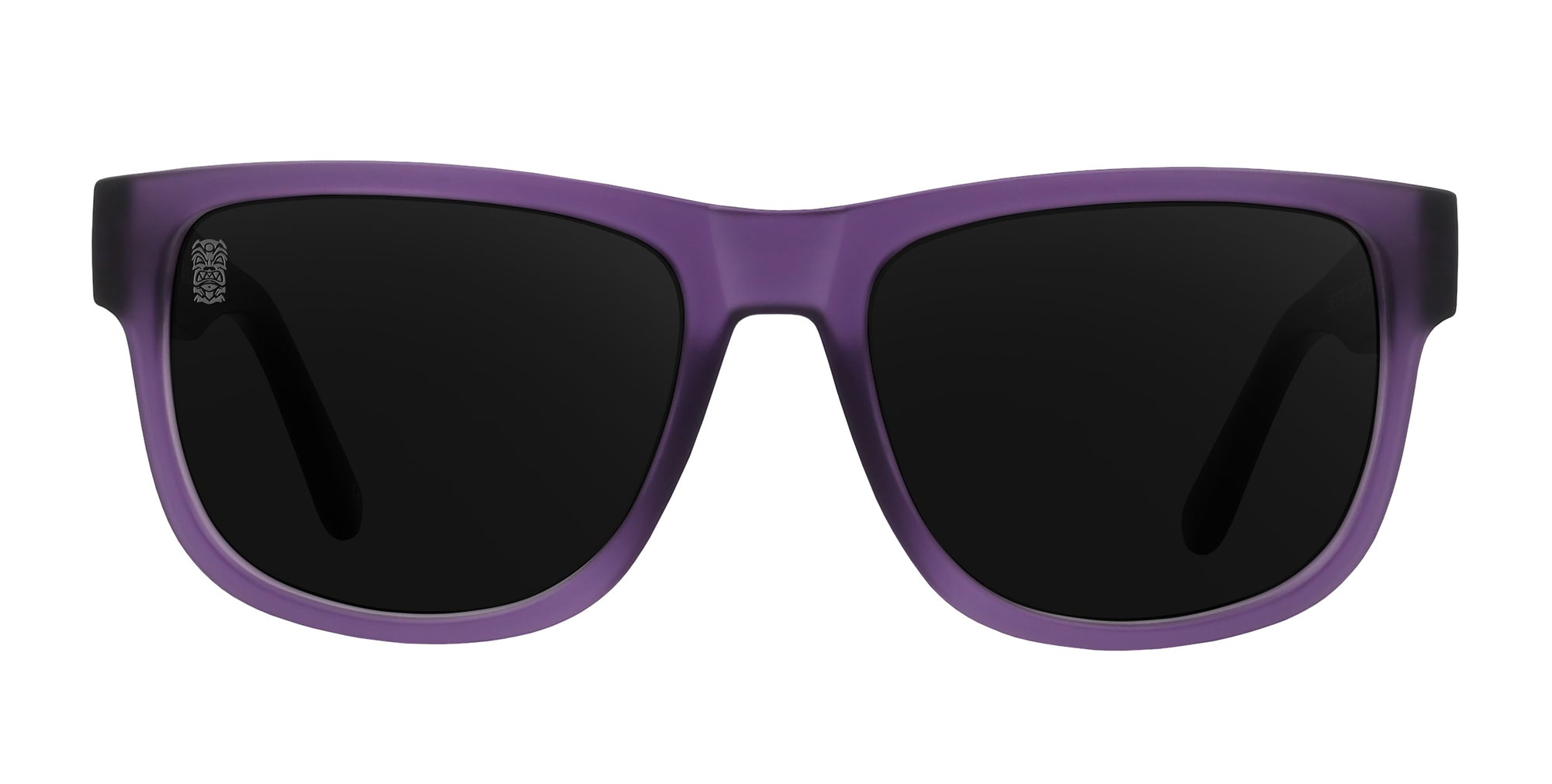 Purple rectangular sunglasses with black lenses.