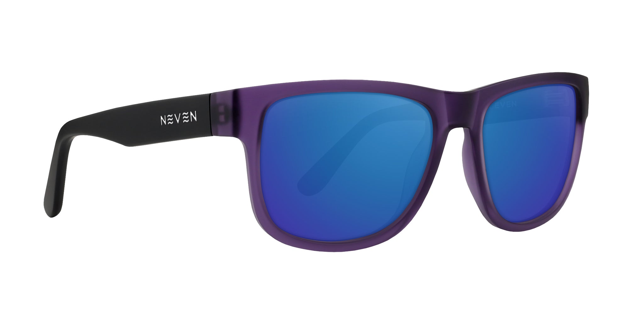 Purple rectangular prescription glasses with blue lenses.