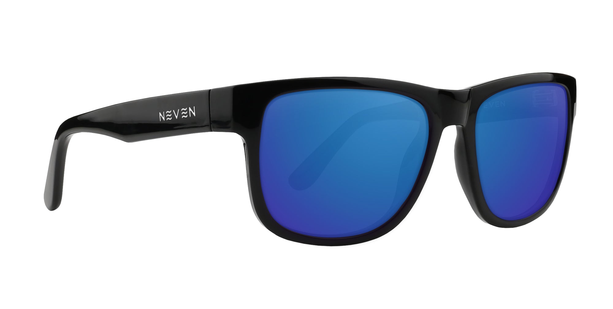 Sade black rectangular prescription glasses with blue lenses.