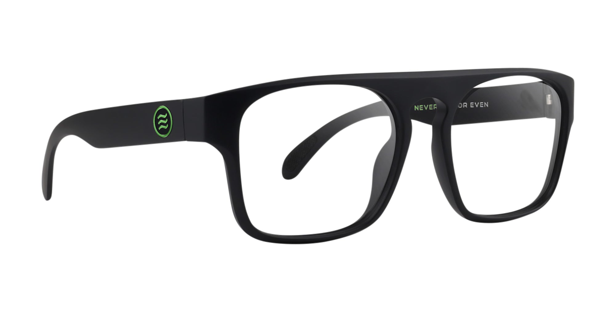 Black rectangular glasses with a green logo on the side