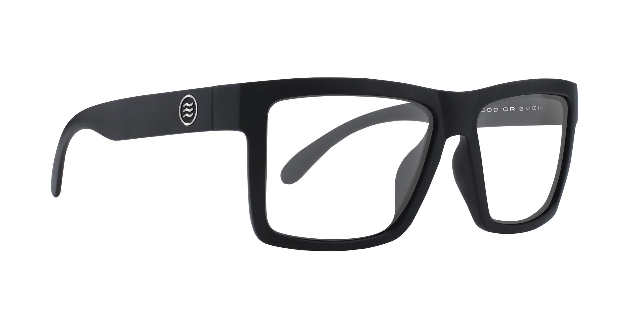 Black rectangular glasses with a logo on the side