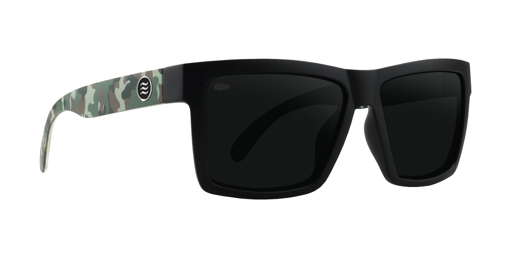Bad Company black and camo polarized sunglasses with a camo pattern on the arm.