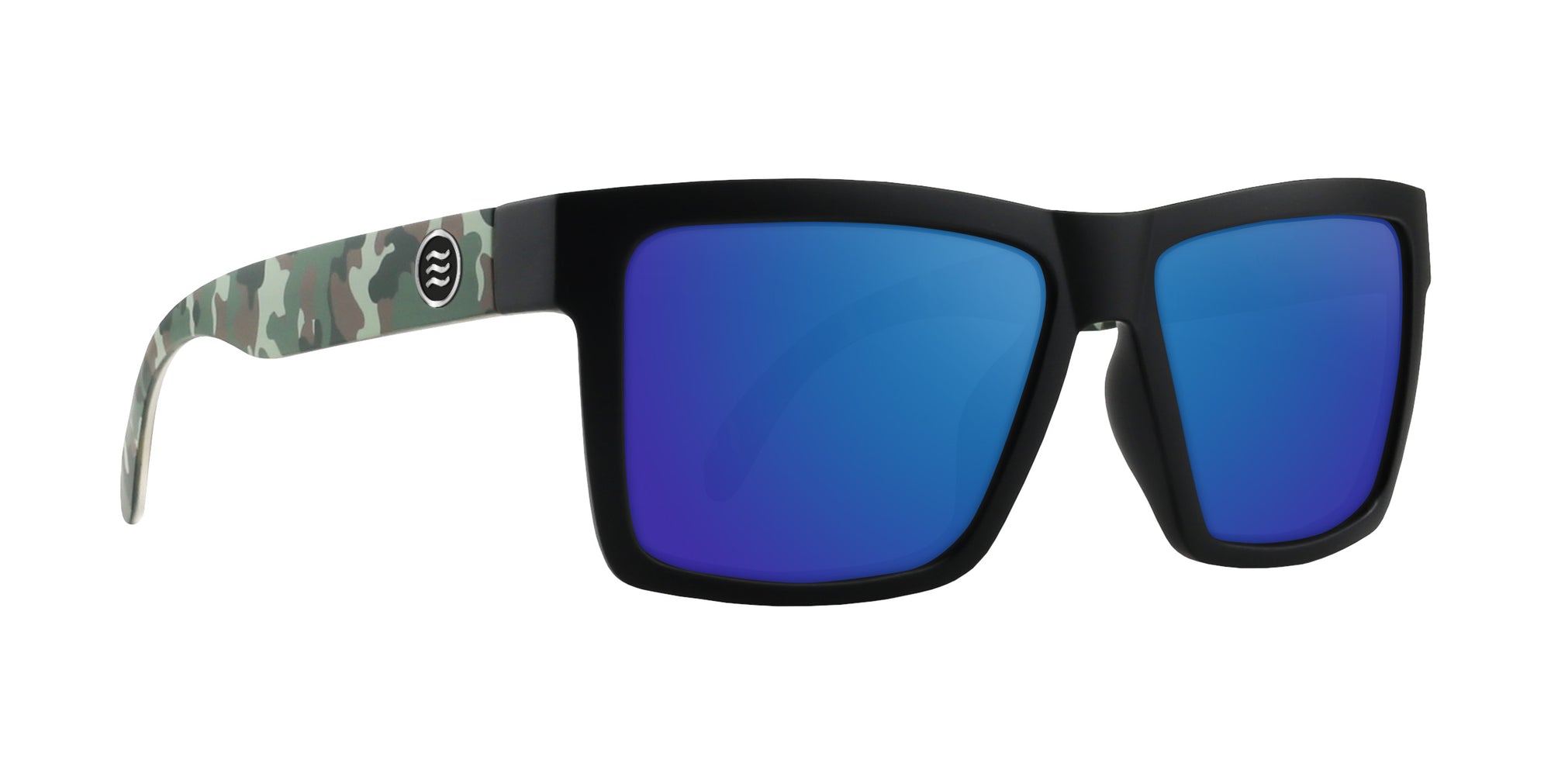 Bad Company Black prescription glasses with blue lenses and a patterned frame.
