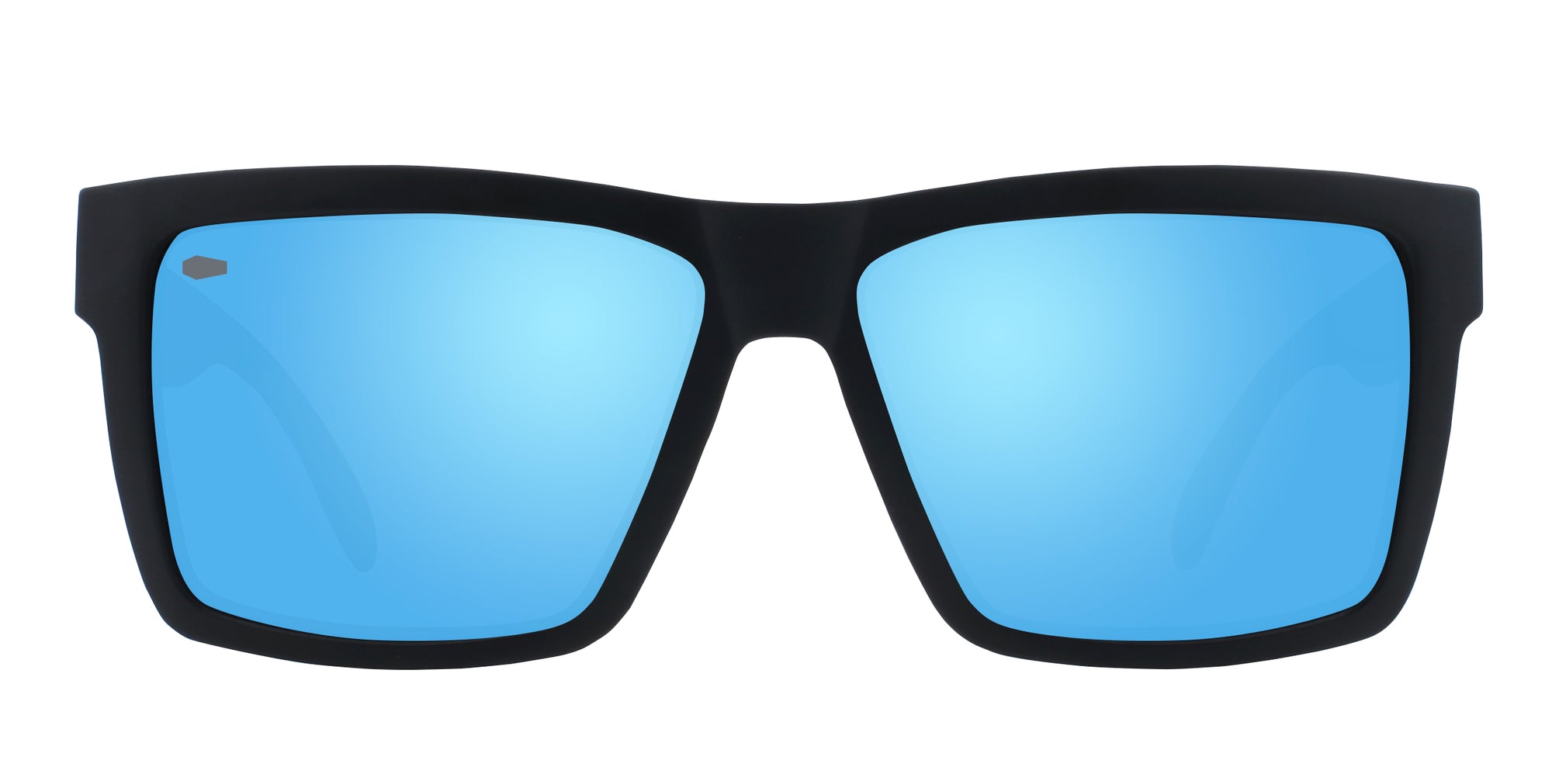 Black sunglasses with blue lenses, front view.