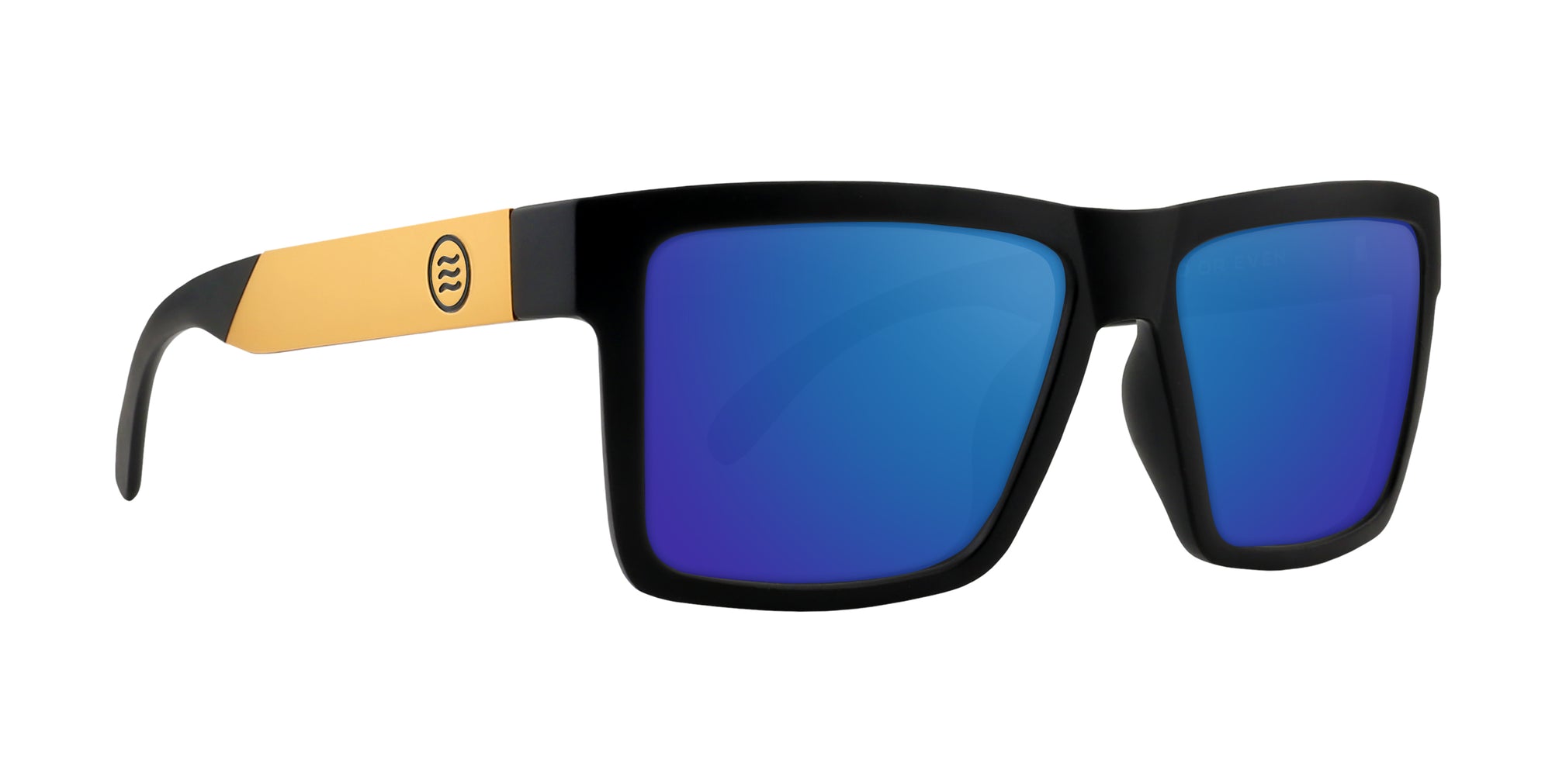 Prospector Black and yellow rectangle prescription glasses with blue lenses .