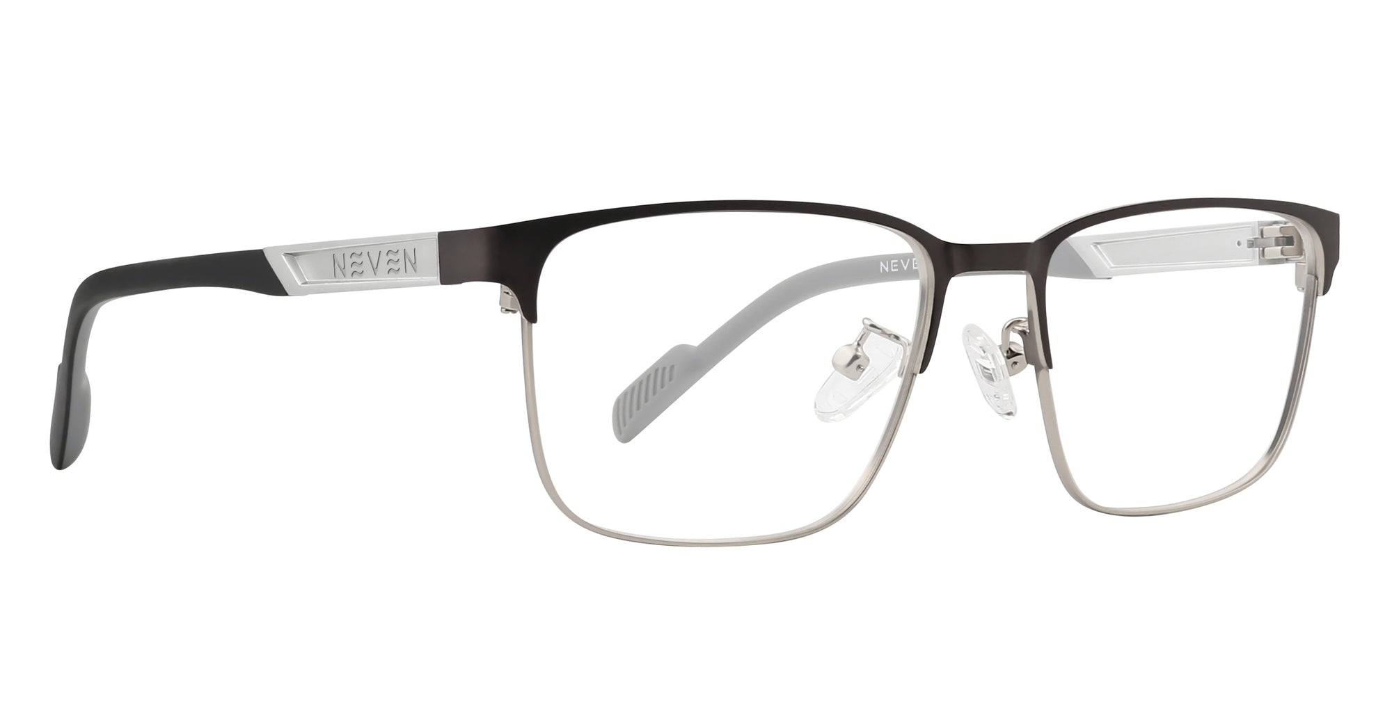 Bourney eyeglasses with a black and silver frame