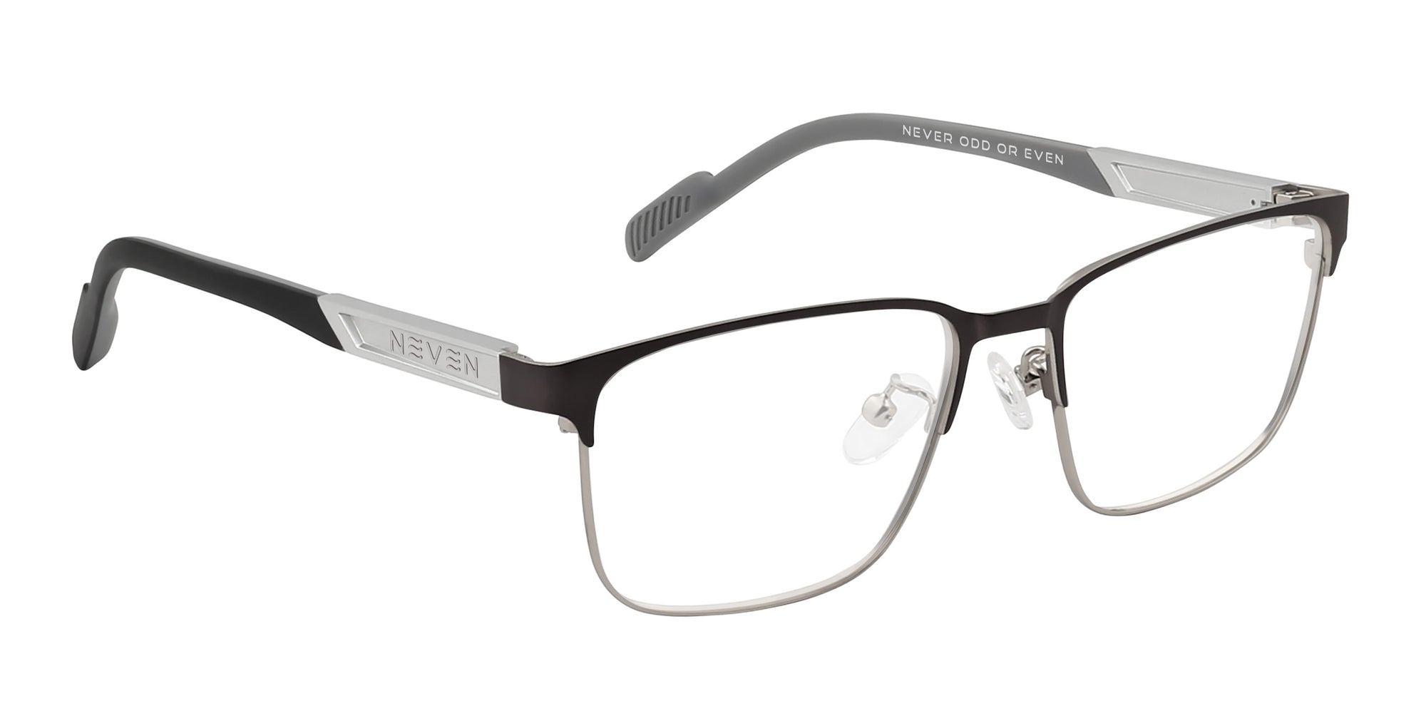Bourney black and gunmetal rectangular prescription glasses from Neven Eyewear.