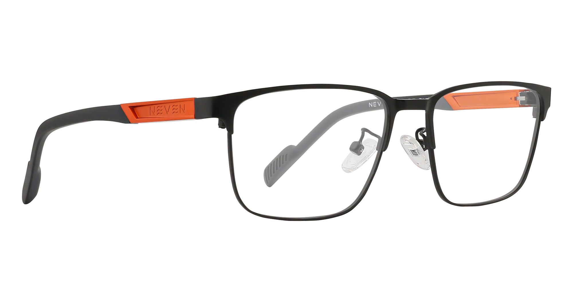 Black and orange Winston eyeglasses with adjustable nose pads