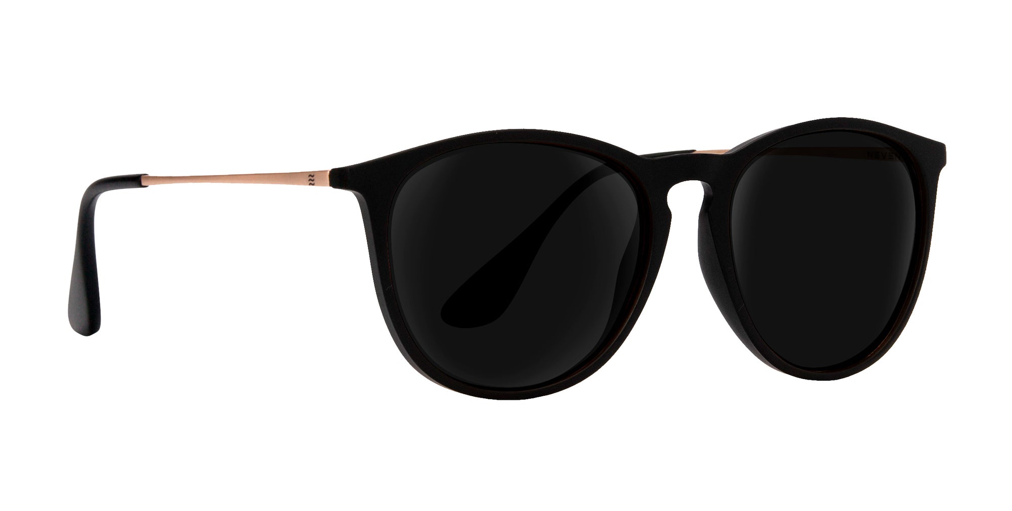Goldie Lux black round prescription glasses with dark lenses and gold accents.