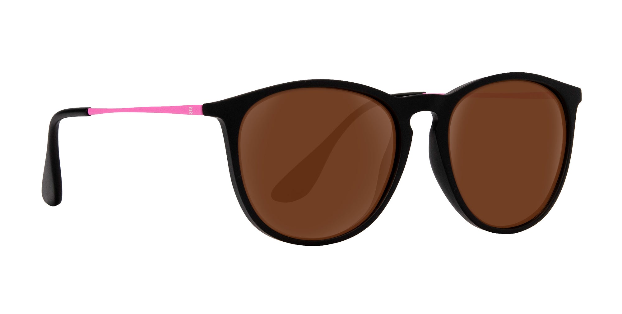 Black sunglasses with brown lenses and pink accents