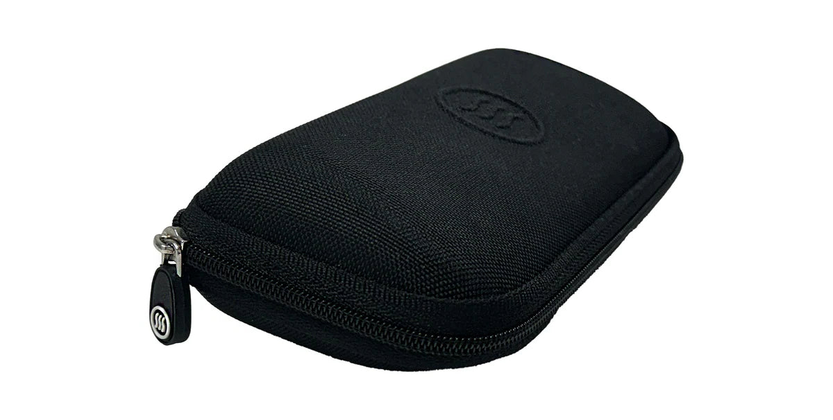 Black slim hard case for sunglasses, zippered closure.