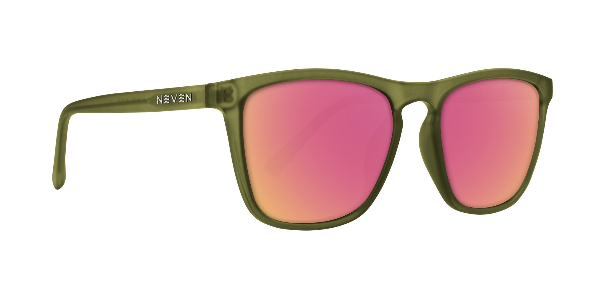 Fir polarized sunglasses in olive green with pink lenses.