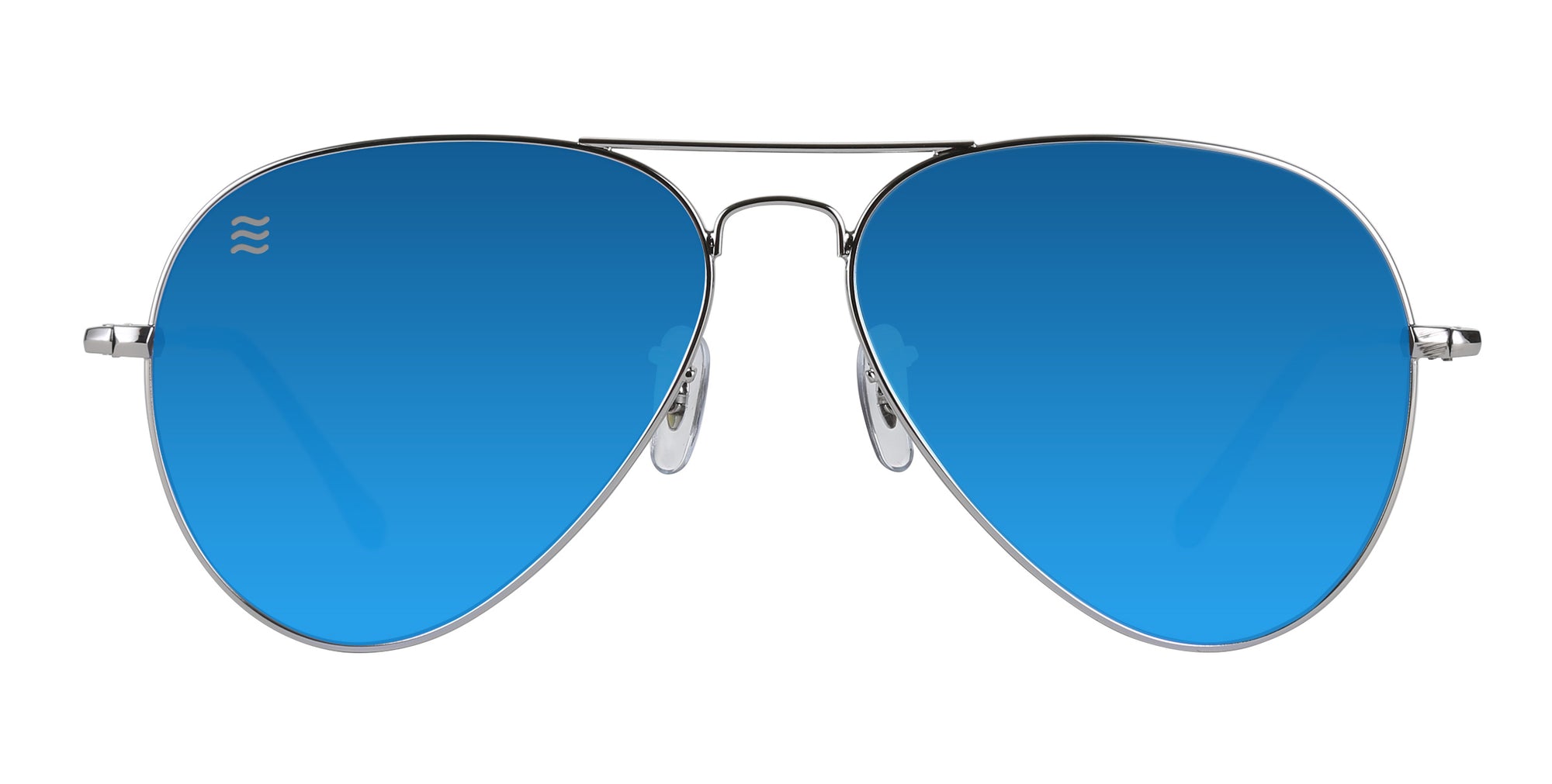 Blue-tinted aviator sunglasses with silver frame.