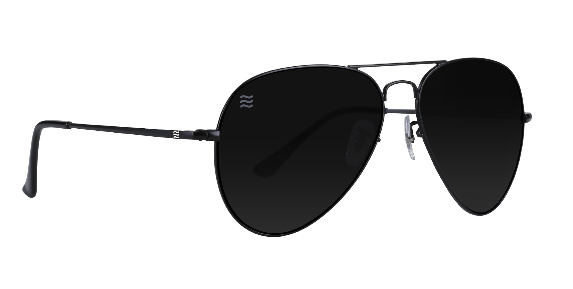 Black aviator sunglasses with polarized lenses.
