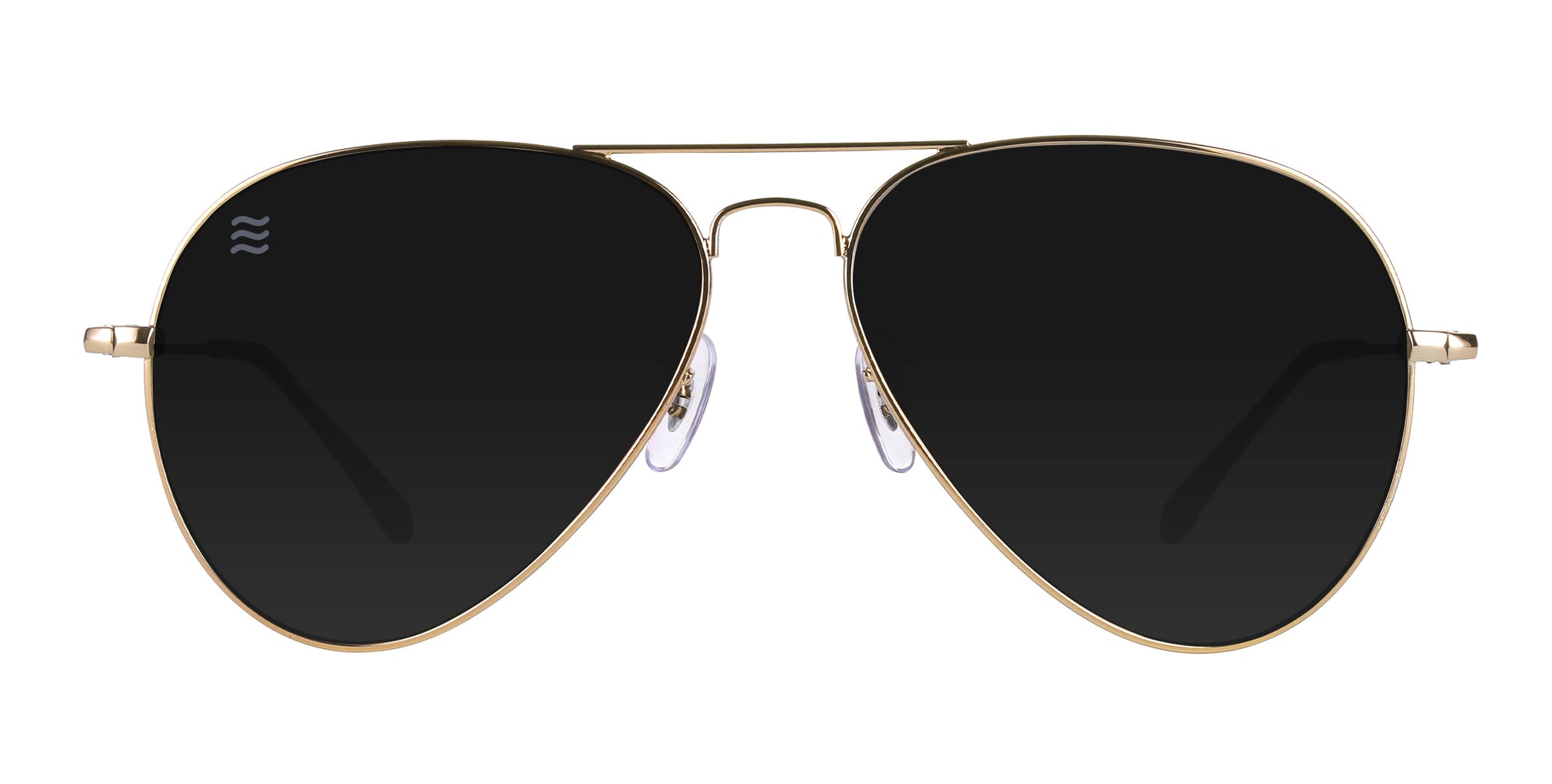 Gold aviator sunglasses with polarized black lenses.