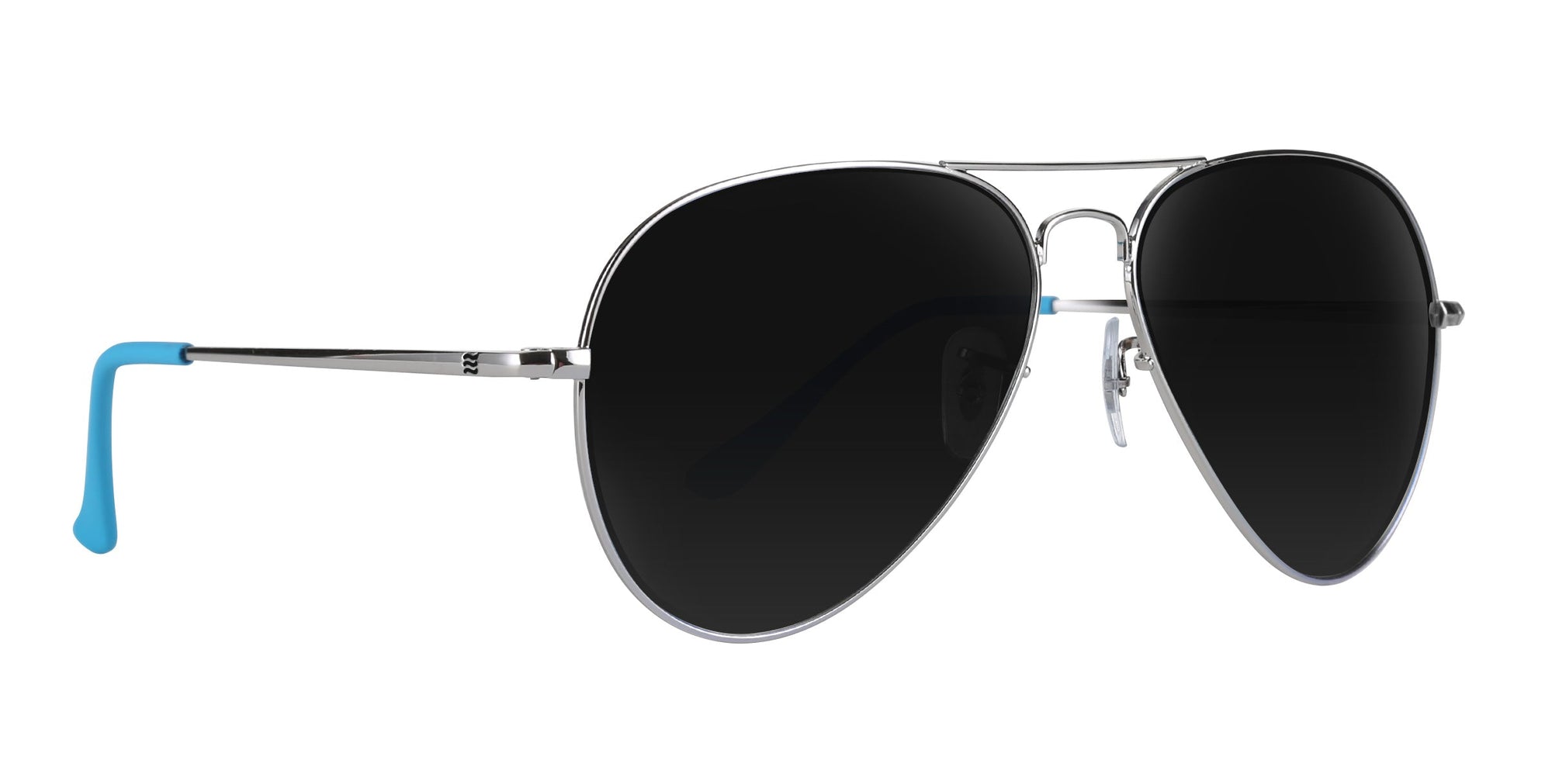 H2O Silver Aviator polarized sunglasses with black lenses and blue accents.