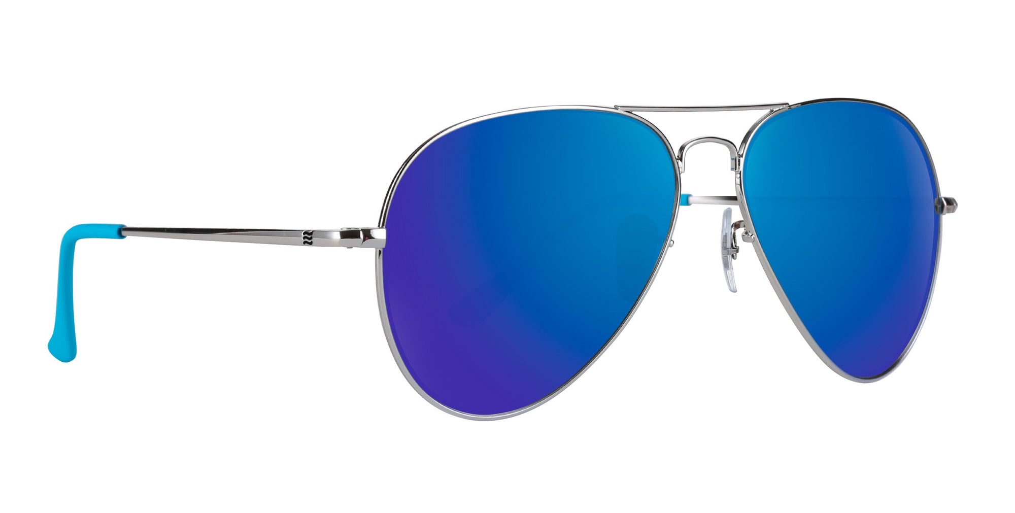 H2O Silver Aviator polarized sunglasses with blue and purple lenses.