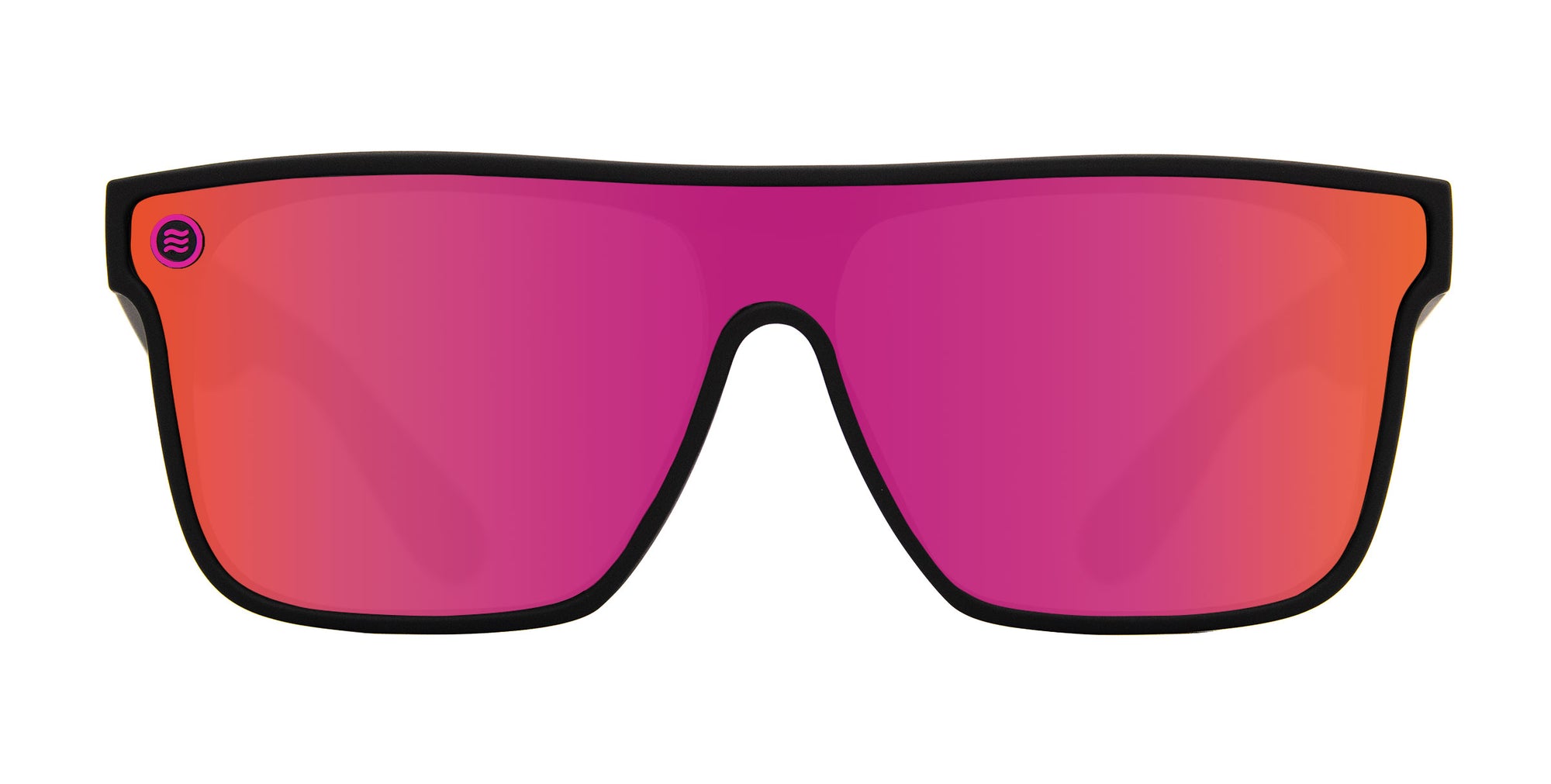 Bliss Black sunglasses with hot pink polarized lenses.