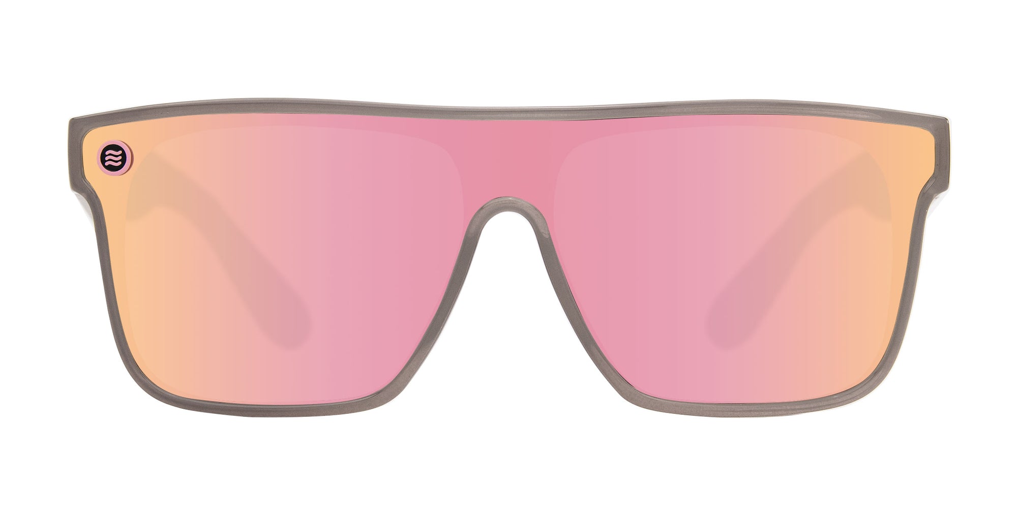 Smooth Crush gray square polarized sunglasses with pink lenses.