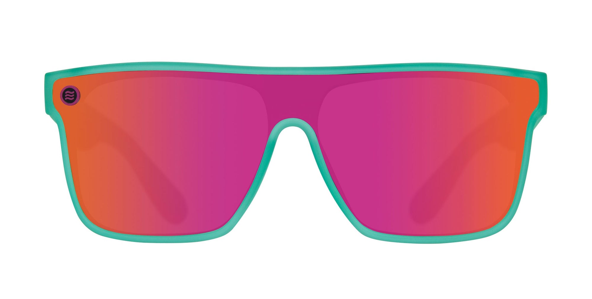 Teal-framed sunglasses with pink lenses.