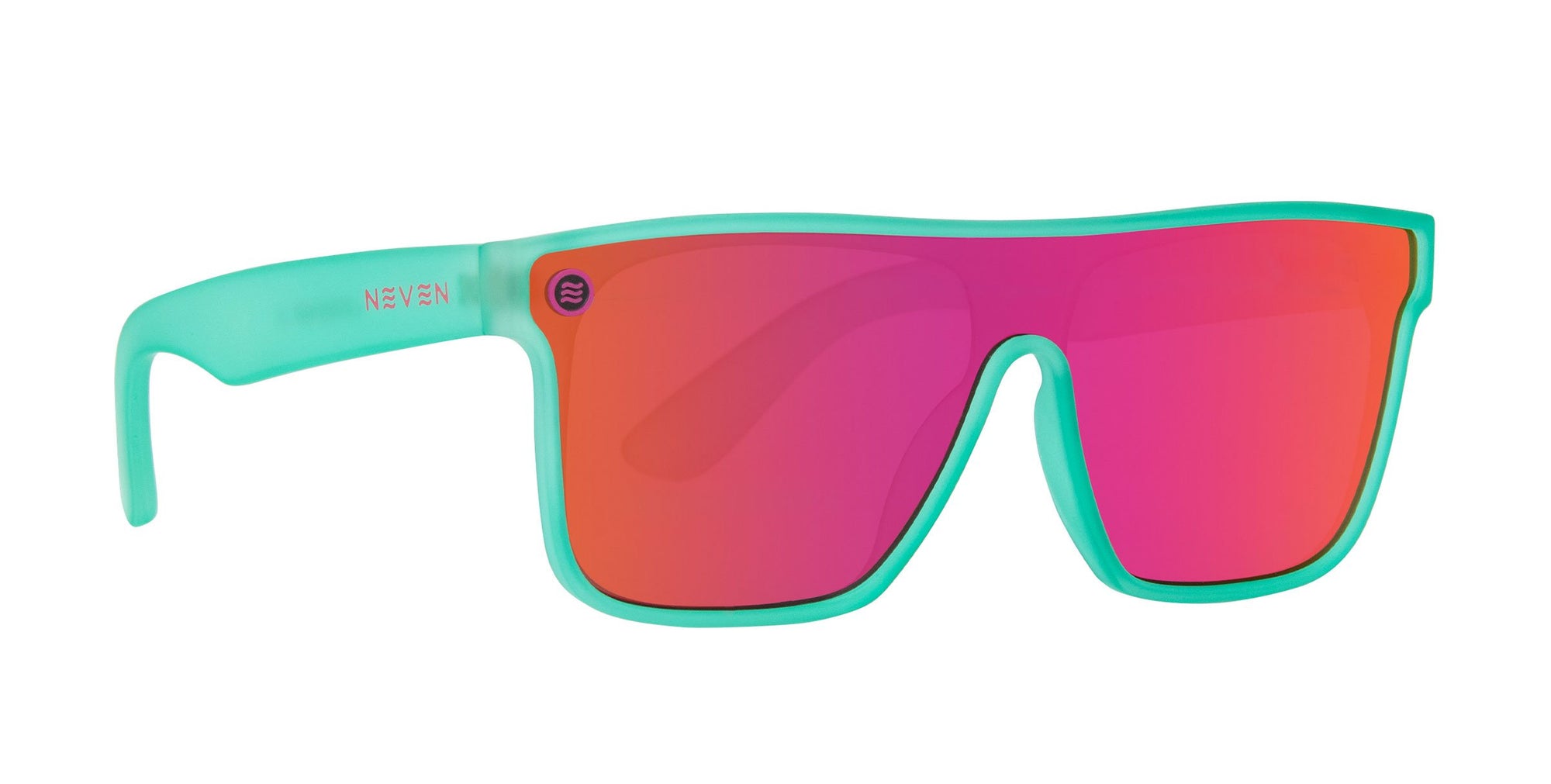 Teal sunglasses with pink polarized lenses .
