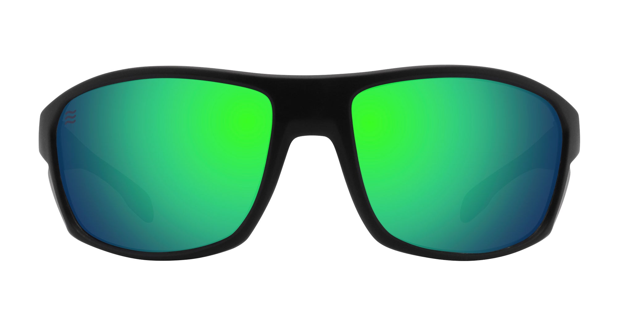 Black sunglasses with green and blue polarized lenses.