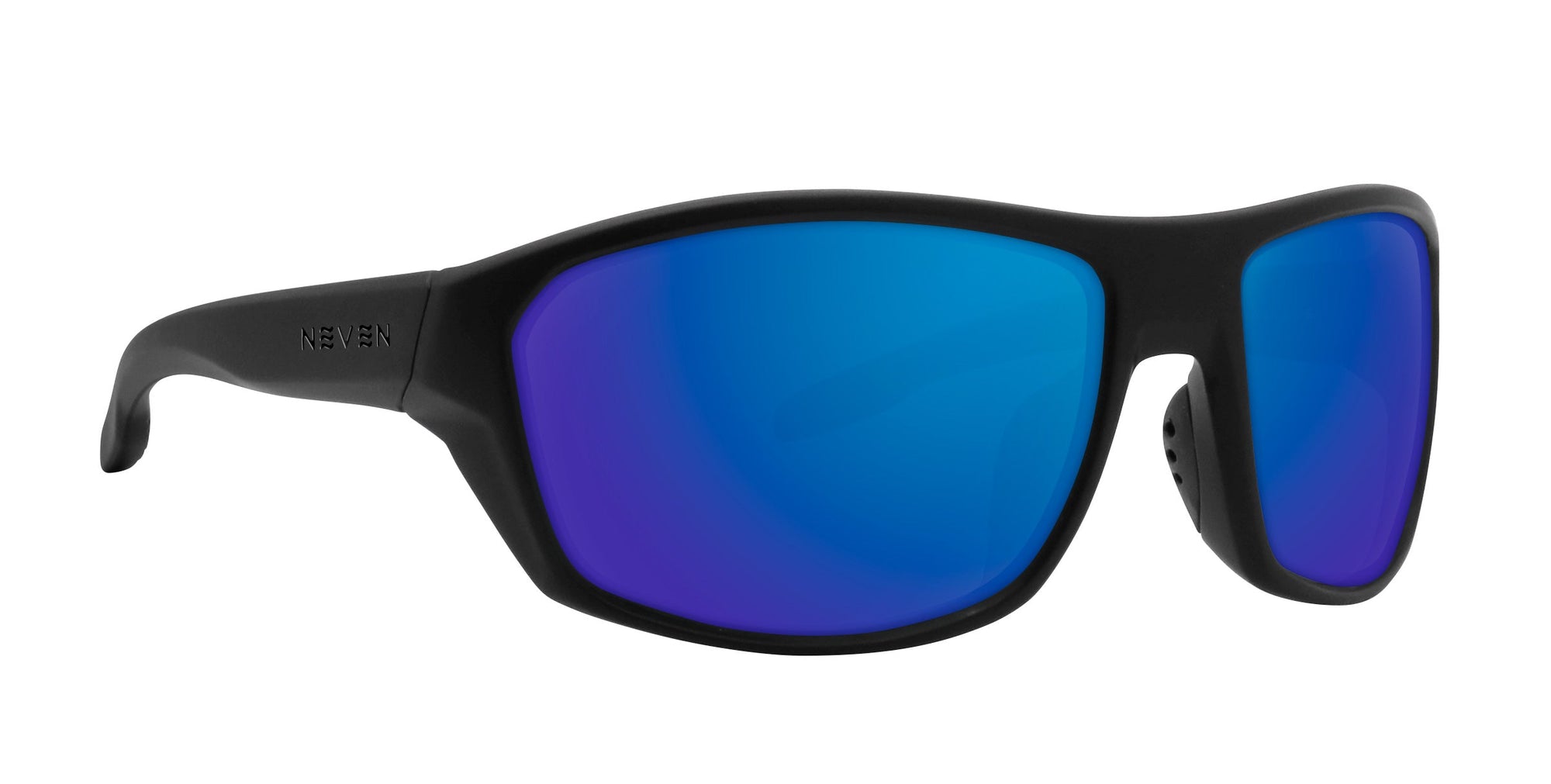 Raritan black wraparound polarized sunglasses with blue lenses.