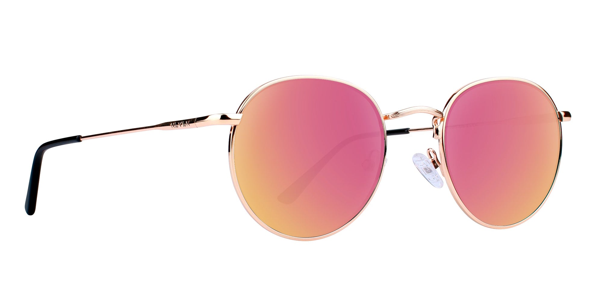 Rose-pink sunglasses with round lenses and gold frame