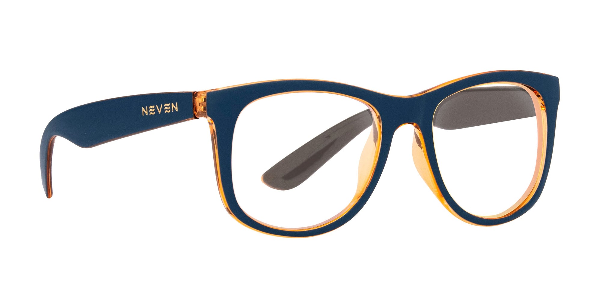 Navy blue and champagne two-toned Sundown glasses with clear lenses