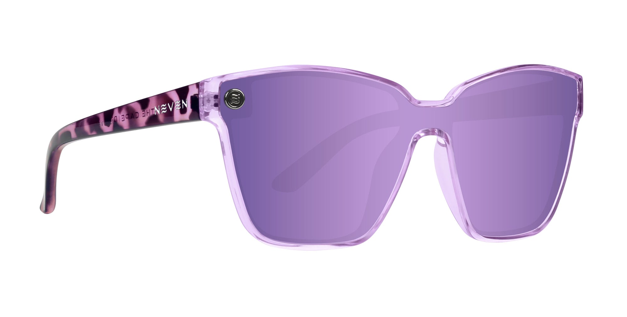 Purple cat eye sunglasses with a patterned frame and polarized lenses.