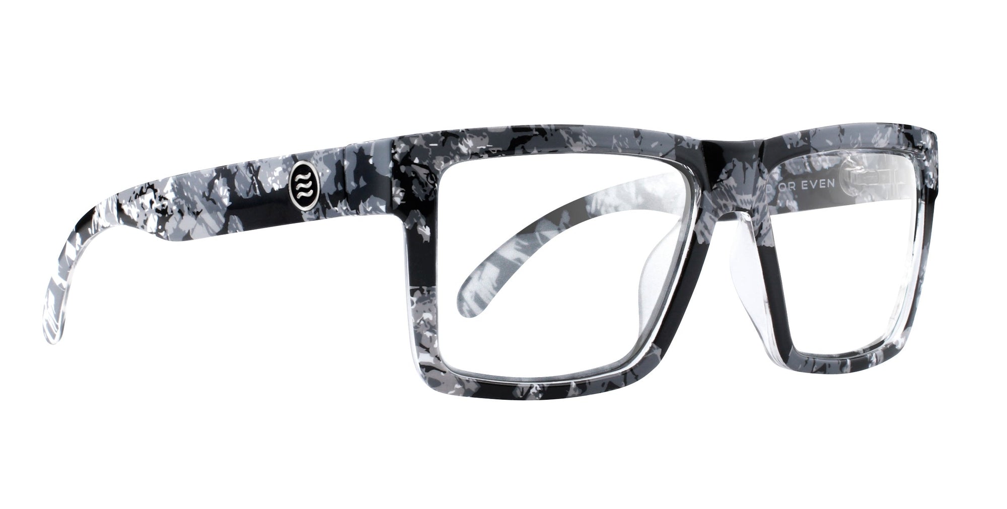Black and white camo rectangular sunglasses from the South Shore collection with clear lenses.