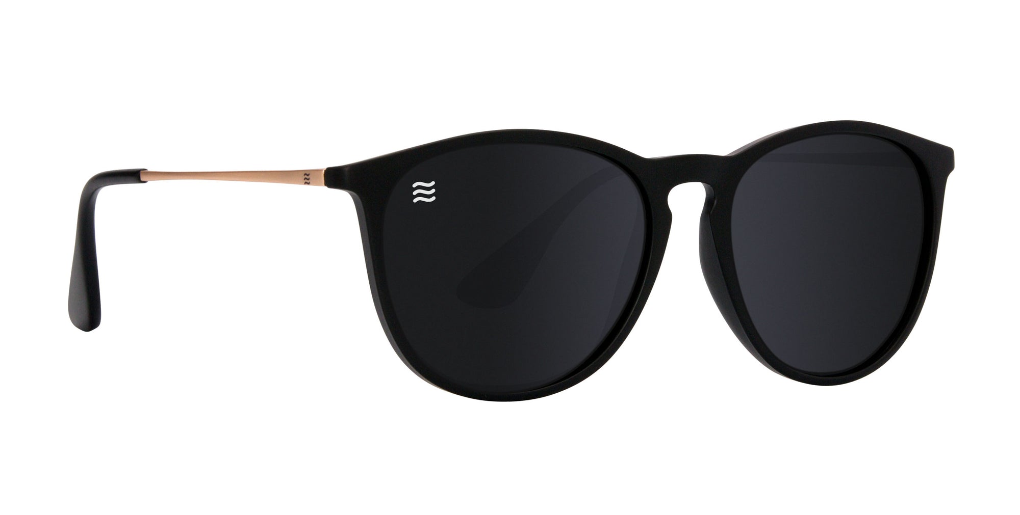 Black round sunglasses with polarized lenses with dark lenses.