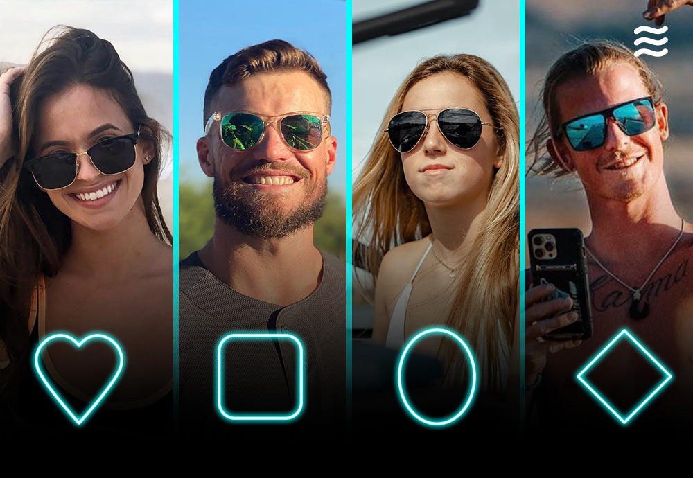 Four people wearing sunglasses in vertical panels with glowing heart, square, circle, and diamond icons representing different face-shape categories