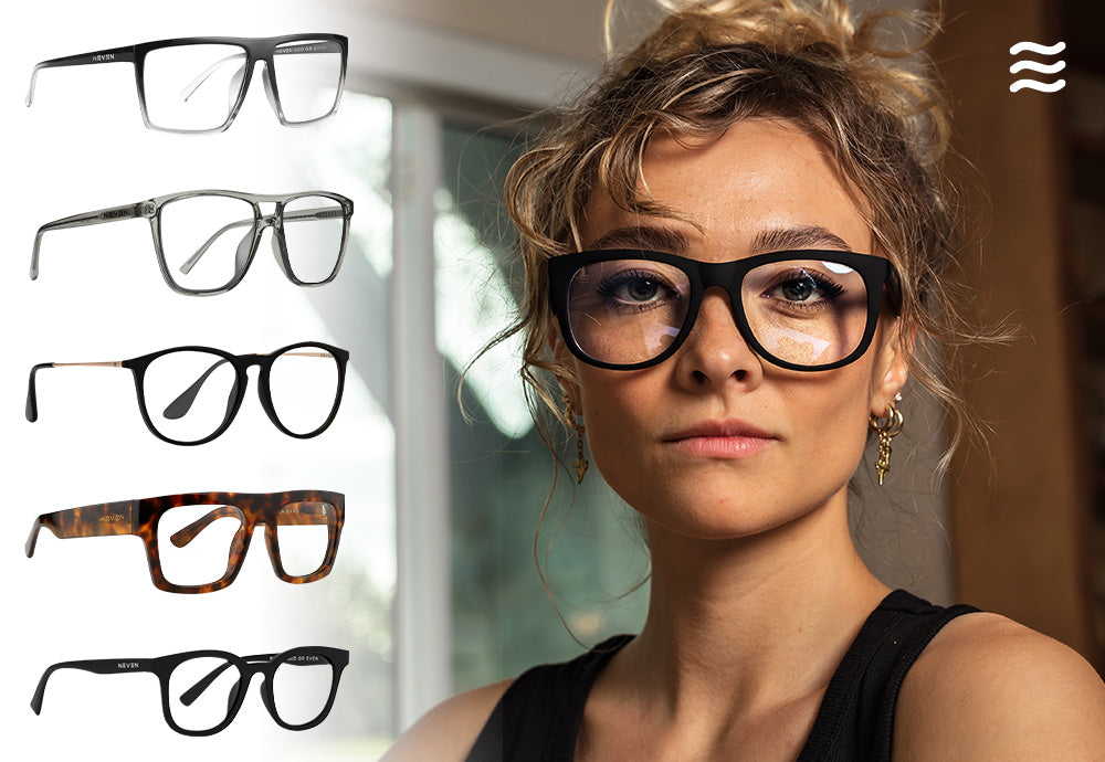Close-up of a model wearing black rectangular prescription glasses highlighting the oversized frame with five alternate frames pictured left