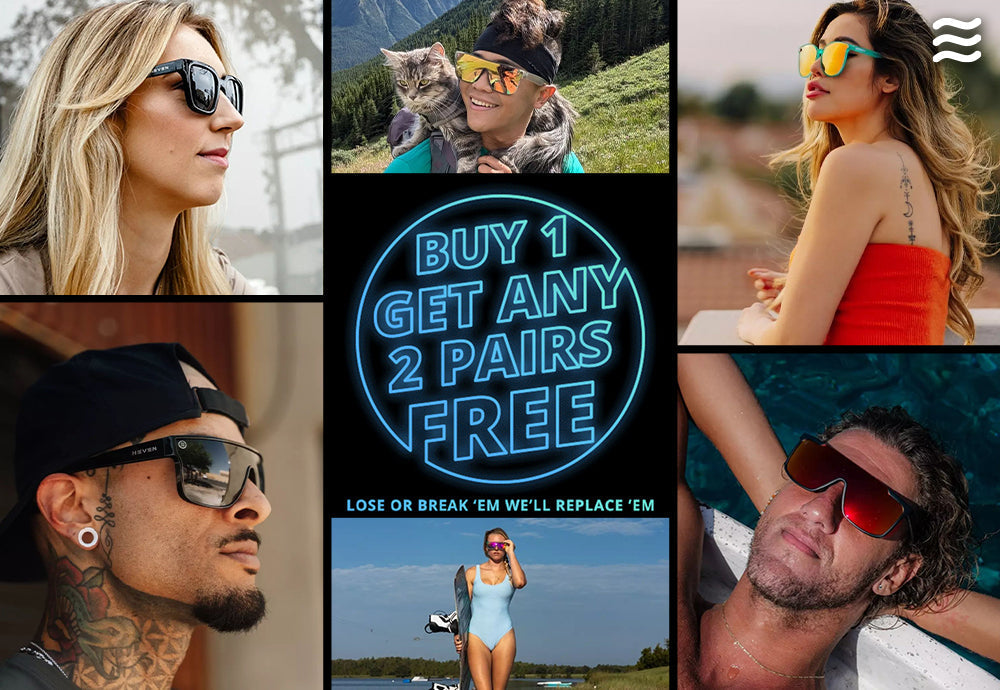 Promotional banner showing “BUY 1 GET ANY 2 PAIRS FREE” offer with photos of people wearing sunglasses and tagline “Lose or break ‘em we’ll replace ‘em”