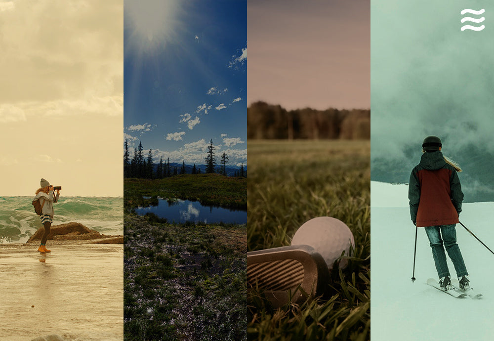 Four vertical panels: a photographer on a beach, alpine pond, golf ball on grass, and a skier descending snow