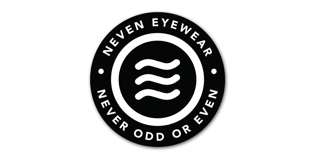 Neven Tilde 4-inch circular sticker with black logo, three white wavy tilde lines and outer text NEVEN EYEWEAR
