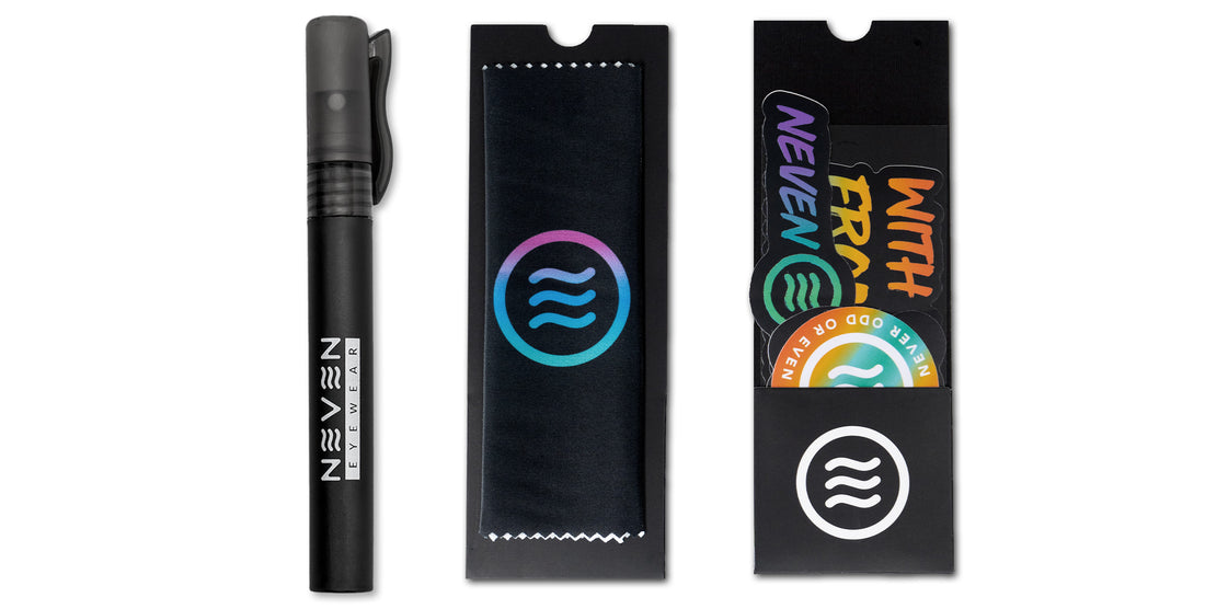 Flat lay of Pen Style Cleaning Kit with 10 ml black spray pen, Neven microfiber cloth with logo, and sticker pack on white