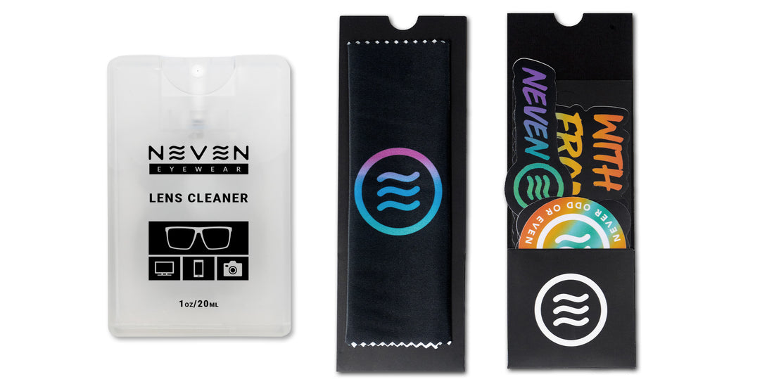 Front view of Card Cleaning Kit showing 20ml card-style lens cleaner, black cleaning cloth, and stickers on white background