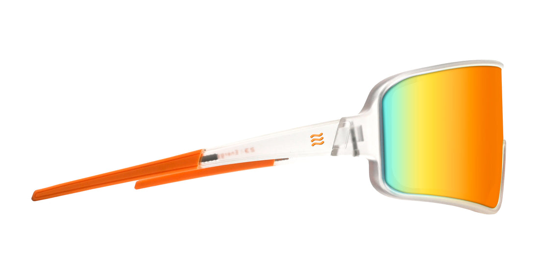 Side view of Energy polarized shield sunglasses showcasing orange reflective lenses and a transparent frame on a white background