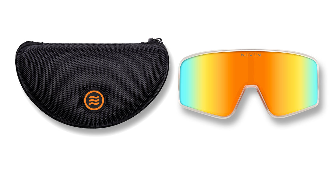 Front view of Energy shield sunglasses showcasing bright reflective lenses with a black protective case on white background