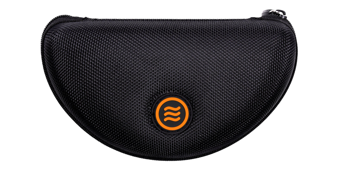 Close-up of large black hard-shell textured zippered sunglasses case with orange round Neven tilde logo